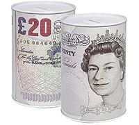 KAV Sterling Money Tin - Piggy Bank, Coin Tin, Cash Tin, Savings Tin, Money Box to Save Birthday Money, Holiday and Christmas Fund - Cylindrical Shape and Multicolour (15 cm x 10 cm) (Set of 2 £20)