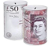 KAV Sterling Piggy Bank - Coin and Cash Savings Tin, Money Box for Birthday, Holiday and Christmas Fund - Cylindrical, Multicolour (15 cm x 10 cm) (Set of 2 £50)