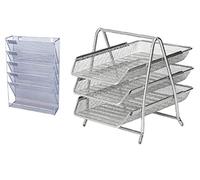 KAV - Value 2 pcs Office Desk Organiser Set ; Mesh Wall Hanging Magazine Literature Holder + 3 Tier Tray Desk Letter Tray Front-Load Portrait Foolscap (Silver)