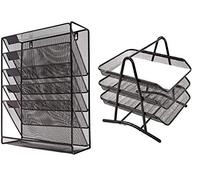 KAV - Value 2 pcs Office Desk Organiser Set ; Mesh Wall Hanging Magazine Literature Holder + 3 Tier Tray Desk Letter Tray Front-Load Portrait Foolscap - Black