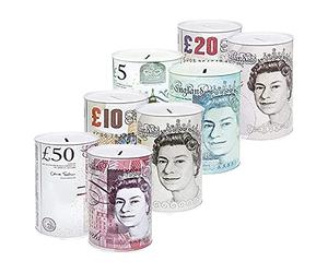 KAV - Value Pack of 4 Money Tin Boxes/Tinplate, Multi-Colour, Notes Design Money Saving Tin, Metal, Multicolour, meduim - Assorted