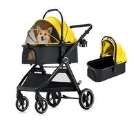 KAVELLIN Pet Stroller for Small Medium Dogs Cats Up to 50lbs, Dog Stroller with Removable Carrier, One Click Folding Pet Strollers, All-Terrain 4 Wheels Cat Strollers, Yellow