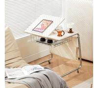 Kaverno Angle Adjustable C Shaped Side Table With Wheels, Wood Side Table, Sofa Side Table, Mobile Snack Side End Table, Small End Table, Nightstand For Living Room, Bedroom, Office(Beige)