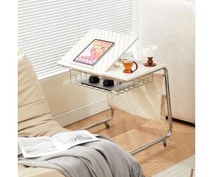 Kaverno Angle Adjustable C Shaped Side Table With Wheels, Wood Side Table, Sofa Side Table, Mobile Snack Side End Table, Small End Table, Nightstand For Living Room, Bedroom, Office(Beige)