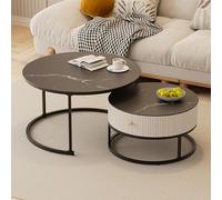 Kaverno Round Coffee Table with Storage, Nesting Coffee Table Set of 2, 70cm (with drawer) or 50cm (without), Black
