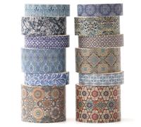 KAVI' S 12 Rolls Exotic Charm Washi Tape Set Floral Arts Adhesive Tapes Geometric Garden Decorative Masking Tape Sets for Craft, Kids, Scrapbook, DIY, Gift Wrapping (Azure Serenity)