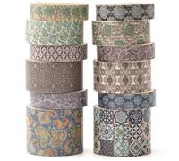 KAVI' S 12 Rolls Exotic Charm Washi Tape Set Floral Arts Adhesive Tapes Geometric Garden Decorative Masking Tape Sets for Craft, Kids, Scrapbook, DIY, Gift Wrapping (Amber Tranquility)