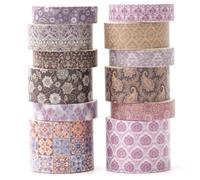KAVI' S 12 Rolls Exotic Charm Washi Tape Set Floral Arts Adhesive Tapes Geometric Garden Decorative Masking Tape Sets for Craft, Kids, Scrapbook, DIY, Gift Wrapping (Amethyst Elegance)