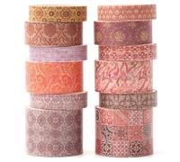 KAVI' S 12 Rolls Exotic Charm Washi Tape Set Floral Arts Adhesive Tapes Geometric Garden Decorative Masking Tape Sets for Craft, Kids, Scrapbook, DIY, Gift Wrapping (Crimson Cliff)