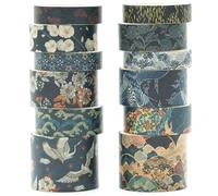 KAVI' S 12 Rolls Kyoto Charm Washi Tape Set Japanese Arts Adhesive Tapes Geometric Garden Decorative Masking Tape Sets for Craft, Kids, Scrapbook, DIY, Gift Wrapping (Azure Tranquility)