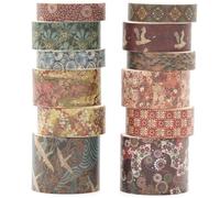 KAVI' S 12 Rolls Kyoto Charm Washi Tape Set Japanese Arts Adhesive Tapes Geometric Garden Decorative Masking Tape Sets for Craft, Kids, Scrapbook, DIY, Gift Wrapping (Crimson Fields)