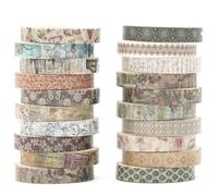KAVI' S 20 Rolls Skinny Vintage Washi Tape Set Retro Arts Adhesive Tapes Basic Patterns Decorative Masking Tape Sets for Craft, Kids, Scrapbook, DIY, Gift Wrapping (Ephemeral Blossoms)