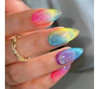 KAVI' S 24 Pcs Almond Stick on Nails, Cat Eye Press on Nails Medium Length, Stiletto Acrylic Candy color Gradient Glitter Fake Nails with Jelly Adhesive Tabs for Women Girls Nails Art