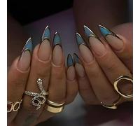 KAVI' S 24 Pcs Almond Stick on Nails, Glitter Pink Press on Nails Medium Length, Stiletto Acrylic Gold Tip Fake Nails with Jelly Adhesive Tabs for Women Girls Nails Art