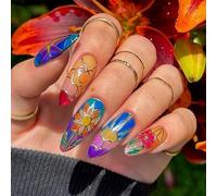 KAVI' S 24 Pcs Almond Stick on Nails, Gothic Style Press on Nails Medium Length, Stiletto Acrylic Gold Tip Fake Nails with Jelly Adhesive Tabs for Women Girls Nails Art