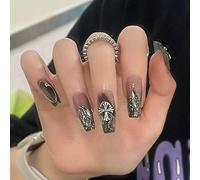 KAVI' S 24pcs Black French Tip Stick on Nails Coffin Medium Long Press on Nails Nude Gradient Glitter Fake Nails Ballerina Acrylic False Nails Jerry Glue for Women Girls Nail Art (Croixin)