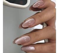 KAVI' S 24pcs French Tip Stick on Nail Cat Eye Press on Nails Pink Nude Gradient Glitter Fake Nails Almond Acrylic False Nails Jerry Glue for Women Girls