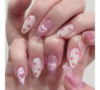 KAVI' S 24pcs French Tip Stick on Nails Cat Eye Press on Nails Cute Strawberry Love Heart Pattern Fake Nails Short Almond Acrylic False Nails Jerry Glue for Women Girls Nail Art