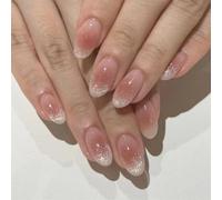 KAVI' S 24pcs French Tip Stick on Nails Cat Eye Press on Nails Nude Gradient Glitter Fake Nails Short Almond Acrylic False Nails Jerry Glue for Women Girls Nail Art