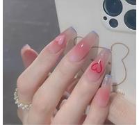 KAVI' S 24pcs French Tip Stick on Nails Coffin Medium Long Press on Nails Nude Gradient Glitter Fake Nails Ballerina Acrylic False Nails Jerry Glue for Women Girls Nail Art (Peach Heart)