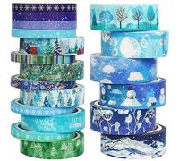 KAVI' S Winter Washi Tape Set 19 Rolls Skinny Snow Embellishment Blue Silver Foil Decorative Masking Tapes for Arts, DIY Crafts, Journals, Planners, Scrapbook, Wrapping