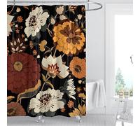 Kavier 180x180cm Floral Black Shower Curtain Set with 12 Hooks, Mould Proof Resistant Waterproof Quick-Drying Weighted Polyester Shower Curtains for Bathroom, Mid Century Retro Boho Home Decor