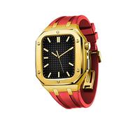 KAVJU Watch Shockproof Protective Case With Silicone Strap Set，For Apple Watch Band Series 9/8/7/SE/6/5/4/45mm 44mm Watch Replacement Watch Strap Parts(Gold Red,44mm)