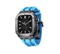 KAVJU Watch Shockproof Protective Case With Silicone Strap Set，For Apple Watch Band Series 9/8/7/SE/6/5/4/45mm 44mm Watch Replacement Watch Strap Parts(Black Sky blue,44mm)