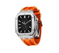 KAVJU Watch Shockproof Protective Case With Silicone Strap Set，For Apple Watch Band Series 9/8/7/SE/6/5/4/45mm 44mm Watch Replacement Watch Strap Parts(Silver Orange,45mm)