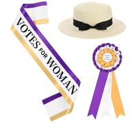Kavoc 3 Pcs Victorian Suffragette Costume Accessories with Votes for Women Sash Cream Hat with Black Ribbon Bow Badge Ribbon for Feminist Voting Party Decorations