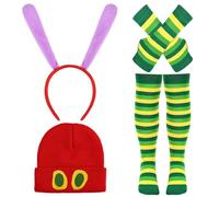 Kavoc 4 Pcs Caterpillar Costume Accessories Kit with Red Knitted Beanie Hat with Eye Twist Stick and Caterpillar Headband Srtiped Socks Gloves for World Book Day Fancy Dress