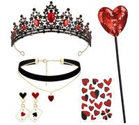 Kavoc 5 Pcs Red Queen Costume Include Queen Crown with Scepter Vintage Heart Dangle for Halloween Cosplay Party Dress up