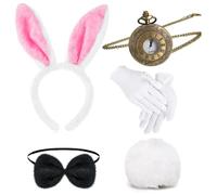 Kavoc 5 Pcs White Rabbit Costume Fancy Dress Accessories Set Including Bunny Ears Headband Bow Tie Gloves Tail for World Book Day Party Supplies