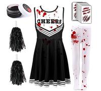 Kavoc 5 PCS Zombie Cheerleader Costume Set Include Dress Pantyhose Poms Stickers Fake Blood Gel for Girls Halloween Dress Up (7-9Years, Black)