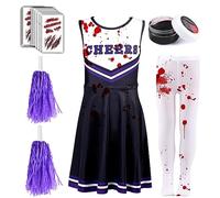 Kavoc 5 PCS Zombie Cheerleader Costume Set Include Dress Pantyhose Poms Stickers Fake Blood Gel for Girls Halloween Dress Up (7-9Years, Black-Purple)