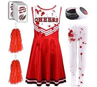 Kavoc 5 PCS Zombie Cheerleader Costume Set Include Dress Pantyhose Poms Stickers Fake Blood Gel for Girls Halloween Dress Up (10-12Years, Red)