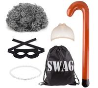 Kavoc 5Pcs Gangster Granny Costume Set Include Grey Wig Hairnet Bag Eyemask Necklace and Inflatable Cane for kids World Book Day Dress Up