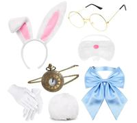 Kavoc 7 Pcs Halloween White Rabbit Costume Include White Bunny Headband Bunny Nose Tail Gloves Pocket Watch Glasses and Bowtie for Men Women Dress Up