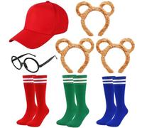Kavoc 8 Pieces Chipmunks Costumes Set Include 3 Pieces Chipmunk Ears Headband，3 Pairs Soccer Socks，1 Piece Black Round Frame Glasses And 1 Red Cap Animal Costume for Adults Teens World Book Day Party