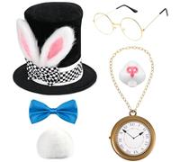 Kavoc Halloween White Rabbit Costume Include Rabbits Ears Plush Topper Hat,Bunny Nose,Rabbit Clock,Glasses,Bowite and Gloves for Adults Halloween Character Cosplay