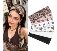 Kavya Headbands for Women, 6cm Non Slip Head band - Soft Elastic Hair Bands Star Cute Bow Leopard Patterns Fashion Y2K Style Accessories for Workout Yoga Running Gym Skincare(6 Pack)