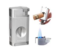 Kavydens Cigar Torch Lighter with The Cigar V Cutter, Refillable Butane Double Jet Flame. Windproof Lighters for Smoking with Gift Box (Butane Not Included)