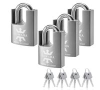 KAWAHA 21/40-4PS High Security Stainless Steel Shrouded Padlock with Stainless Steel Key for Both Indoor and Outdoor use (Heavy Duty, Anti-Rust) (1-9/16 in. (40mm), Keyed Alike - 4 Pack)