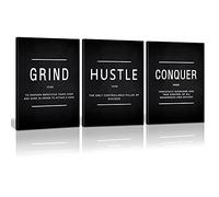 KAWAHONE Grind Hustle Conquer Success Wall Art, Motivation Canvas Wall Decor Framed Inspirational Painting Quotes Positive Poster Wall Hanging Picture for Home Office Workplace - 12" Wx16 Hx3piece