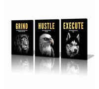 KAWAHONE Inspirational Prints, Grind Hustle Execute Motivational Lion Posters for Office Classroom Gym Framed