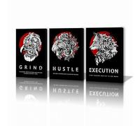 KAWAHONE Motivational Wall Art Canvas - “GRIND HUSTLE EXECUTION” Inspirational Wall Art - Eagle Tiger Wolf Inspirational Quotes Canvas For Office Bedroom Living Room