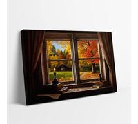KAWAHONE Window View Farm Nature Landscape Wall Art, Forest Red Maple Autumn Scenery Wall Art for Living Room, Bedroom, Office, Farmhouse