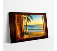 KAWAHONE Window Wall Ocean Panorama Wall Art Coastal Window View Canvas Art Vacation Paradise Wilderness Nature Photography Realism Scenic Landscape Colorful Multicolor for Living Room, Hotel Lobby