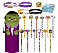 Kawaii 2 in 1 Soft Silicone School Pencil Case, Includes 12 Halloween Pencils, 6 Halloween Erasers, 1 Pencil Sharpener for Party Bags in Bulk for Kids Trick or Treat Party (20)