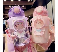 Kawaii 24oz Cute Water Bottles with Silicone Straw, Adjustable Strap & Leakproof Cap - Pink